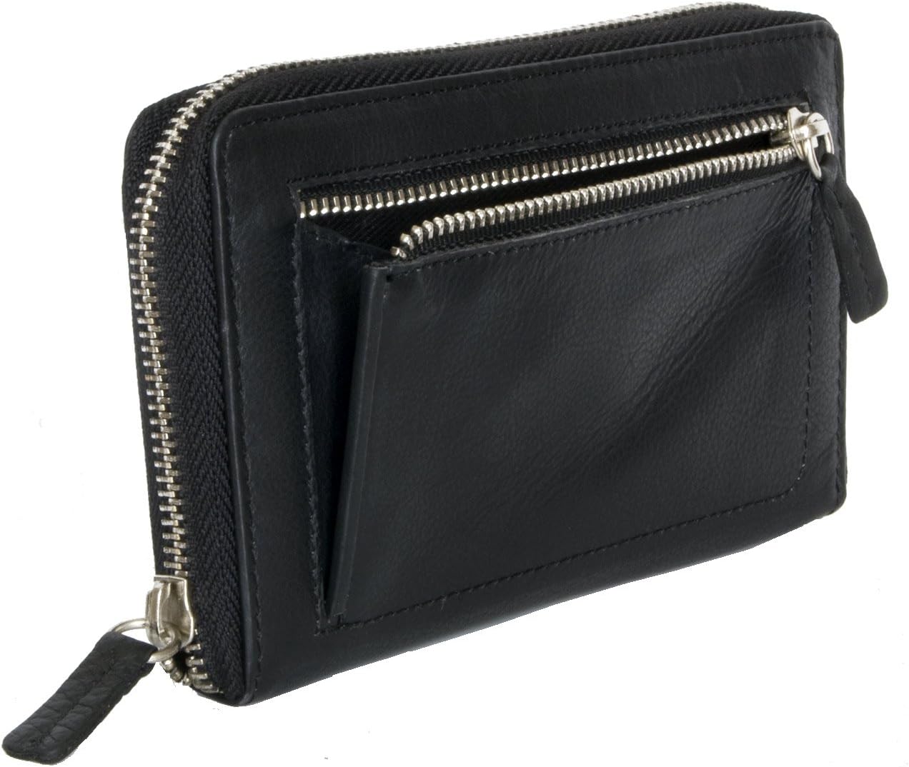 FLW Women's black metal zip-around genuine leather wallet - Image 3