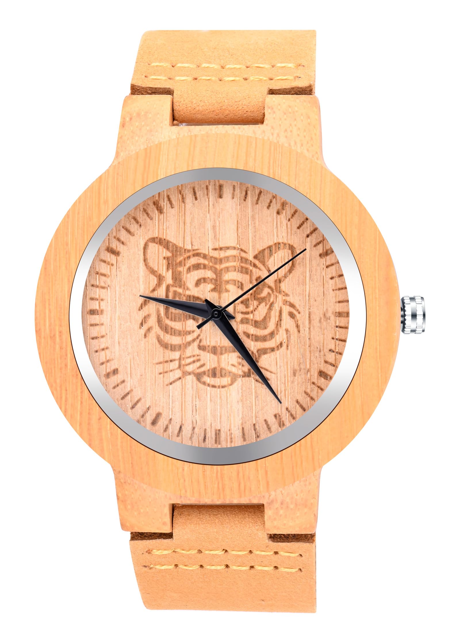 MicLee Men's Wrist Watches, Men's Women's Bamboo Wood Watch, Tiger Head Pattern Wooden Watch, with Leather Band, Natural Wood Quartz Watch, Decorative Casual Watch