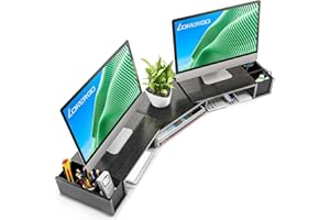LORYERGO Dual Monitor Stand, Laptop Stand with Storage Accessories Slots, Length and Angle Adjustable, Ergonomic Viewing Height