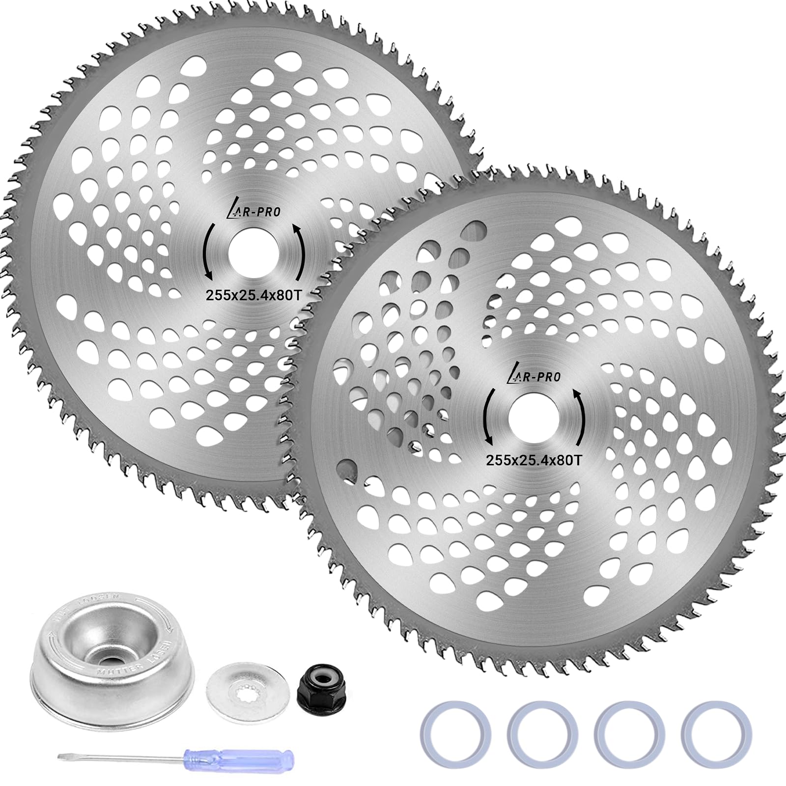 Photo 1 of 2-Set 10" x 80T Carbide Tip Brush Blades with The Universal Adapter Kit – for Cutter, Trimmer, Weed Eater | Made from Premium Stainless Steel to Last Long | Cuts Like Butter