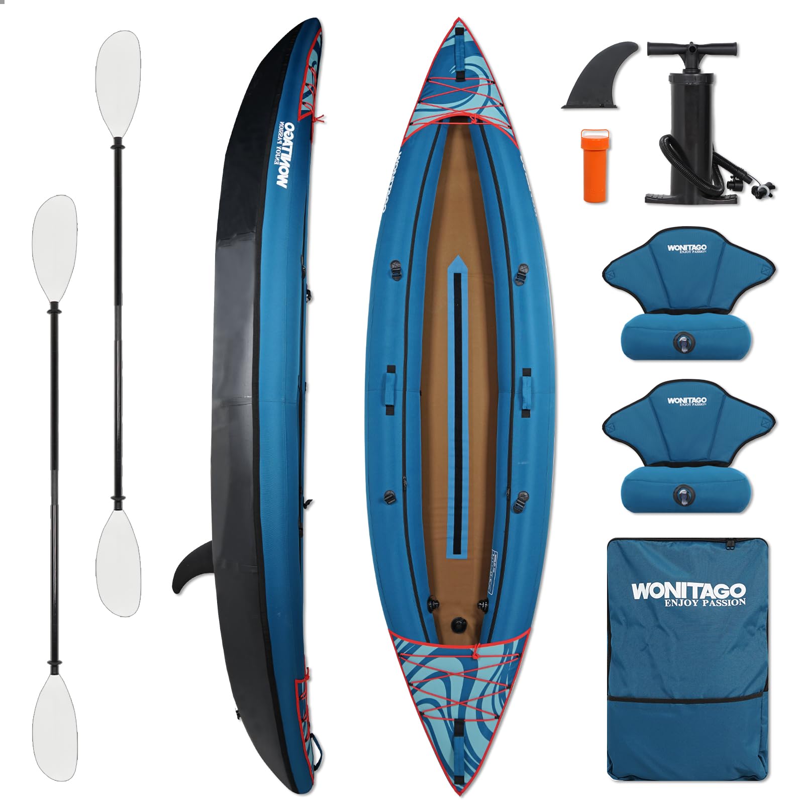 Photo 1 of WONITAGO Inflatable Kayak, Recreational Touring Kayak with Adjustable Kayak Paddle, Hand Pump and Carrying Bag, 2 Person, Blue