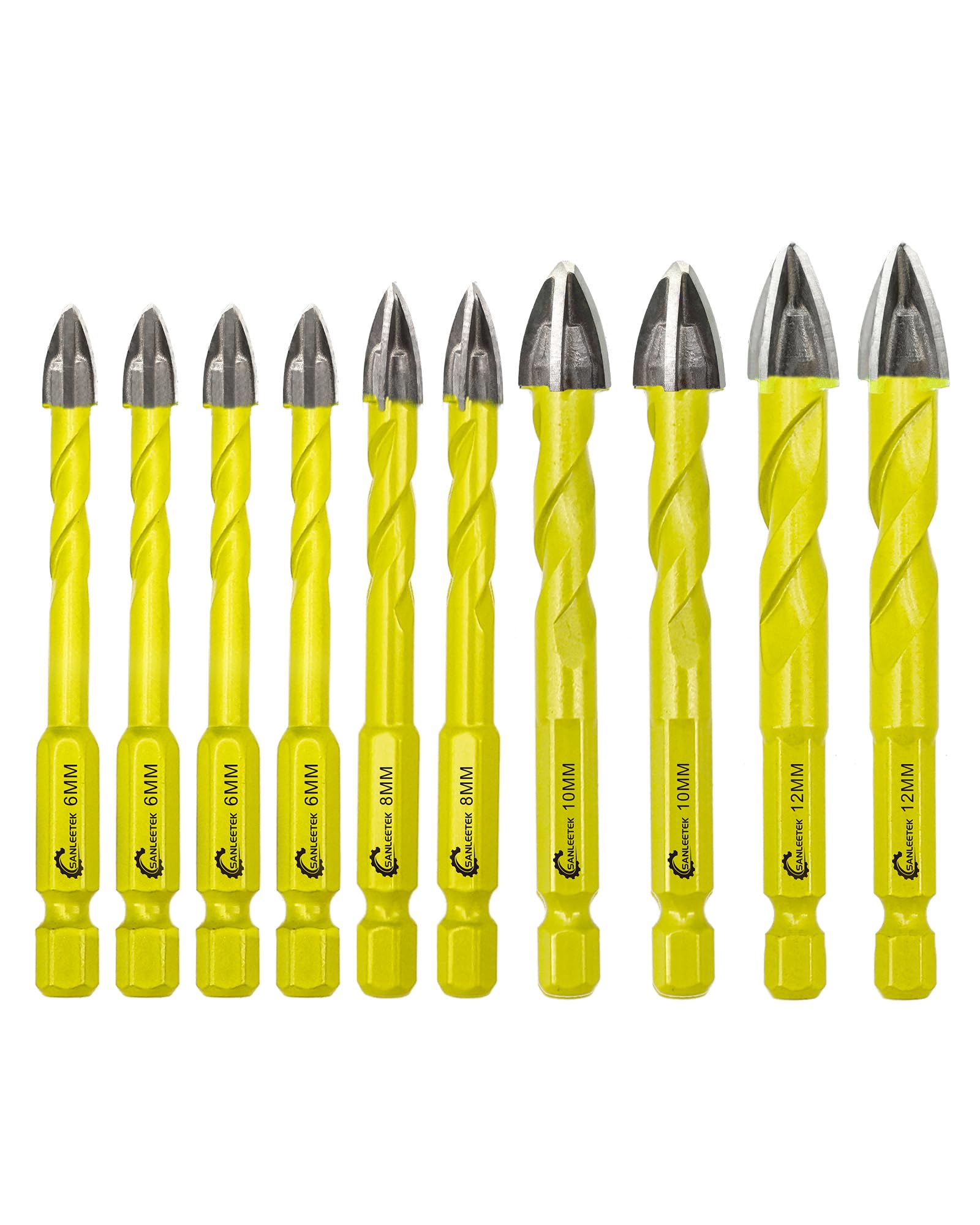 SANLEETEK Masonry Carbide Drill Bits Set - 10pcs 6MM*4+8MM*2+10MM*2+12MM*2 Tungsten Carbide Tip with Quick Change Hex Shank for Wood Plastic Masonry Ceramic Tile Concrete
