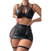 Foxiny Sexy Lingerie Set 4 Pcs Women Leather Skirt Outfit 3XS-4XL | Garter Belt Sheer Plus Size Curvy Bodycon Strappy Underwire See Through Rave Exotic Halloween Christmas Valentine Day Boudoir