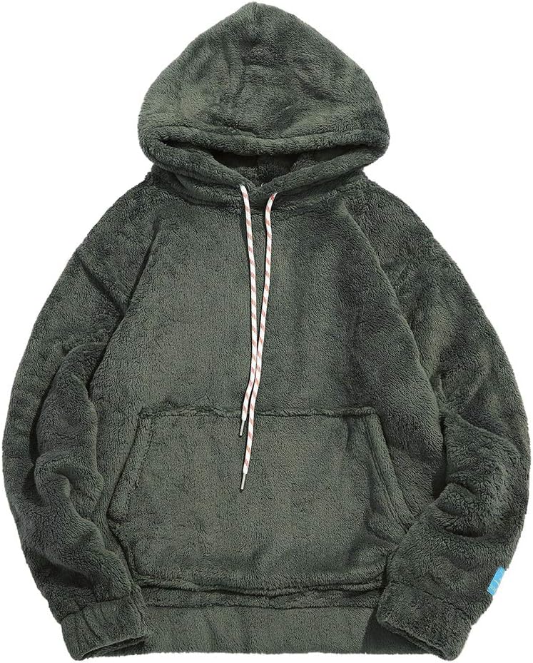 ZEZCLOMen's Solid Fluffy Sherpa Hoodie Oversized Hooded Pullover Winter Fuzzy Sweatshirt Outwear with Kangaroo Pocket