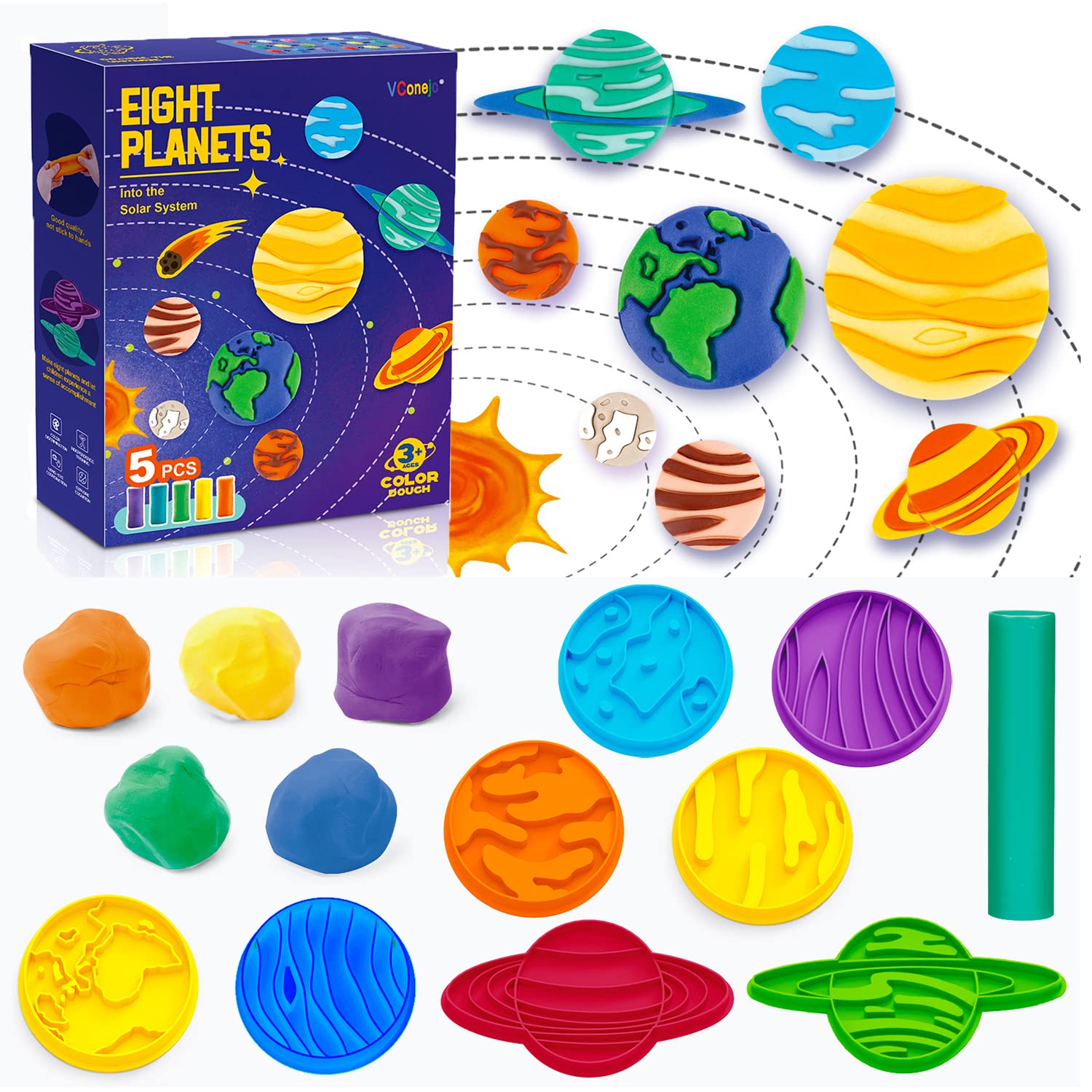 VConejo Color Dough Sets for Kids Ages 2-4, Planets Theme Color Dough Tool Set for Kids Ages 4-8, Color Dough Accessories Toys for Ages 5-7 Boys Girls Toddlers 14 Piece