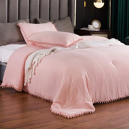 Amazon Com Sexytown Peach Pink Boho Fringe Queen Comforter Set Lightweight Cute Warm Pompom Bedding Comforter Soft All Season 3 Piece 1 Comforter 2 Pompoms Fringe Pillow Shams Kitchen Dining