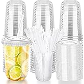 16oz Disposable Stemless Glasses with Flat Lids and Straws,PET Disposable Drinking Cups,Clear Plastic Wine Glasses for Parties Birthday,Wedding,Meeting,Christmas Party Supplies. (50, Transparent)