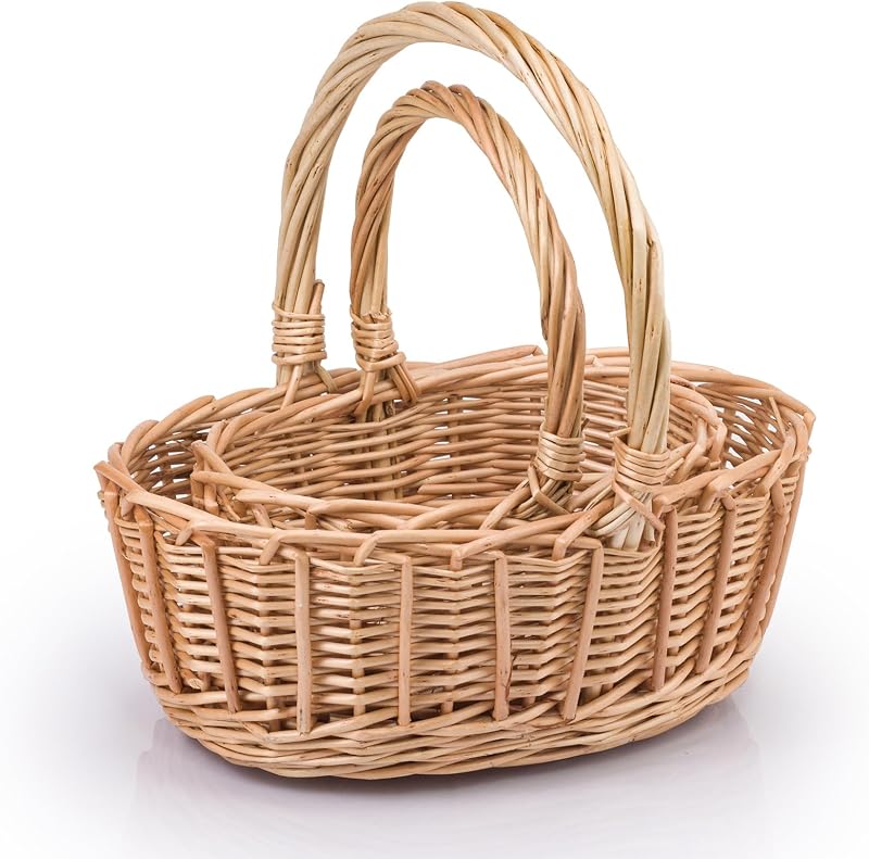 woodluv Storage Baskets Set of 2 Round Wicker Handles Natural