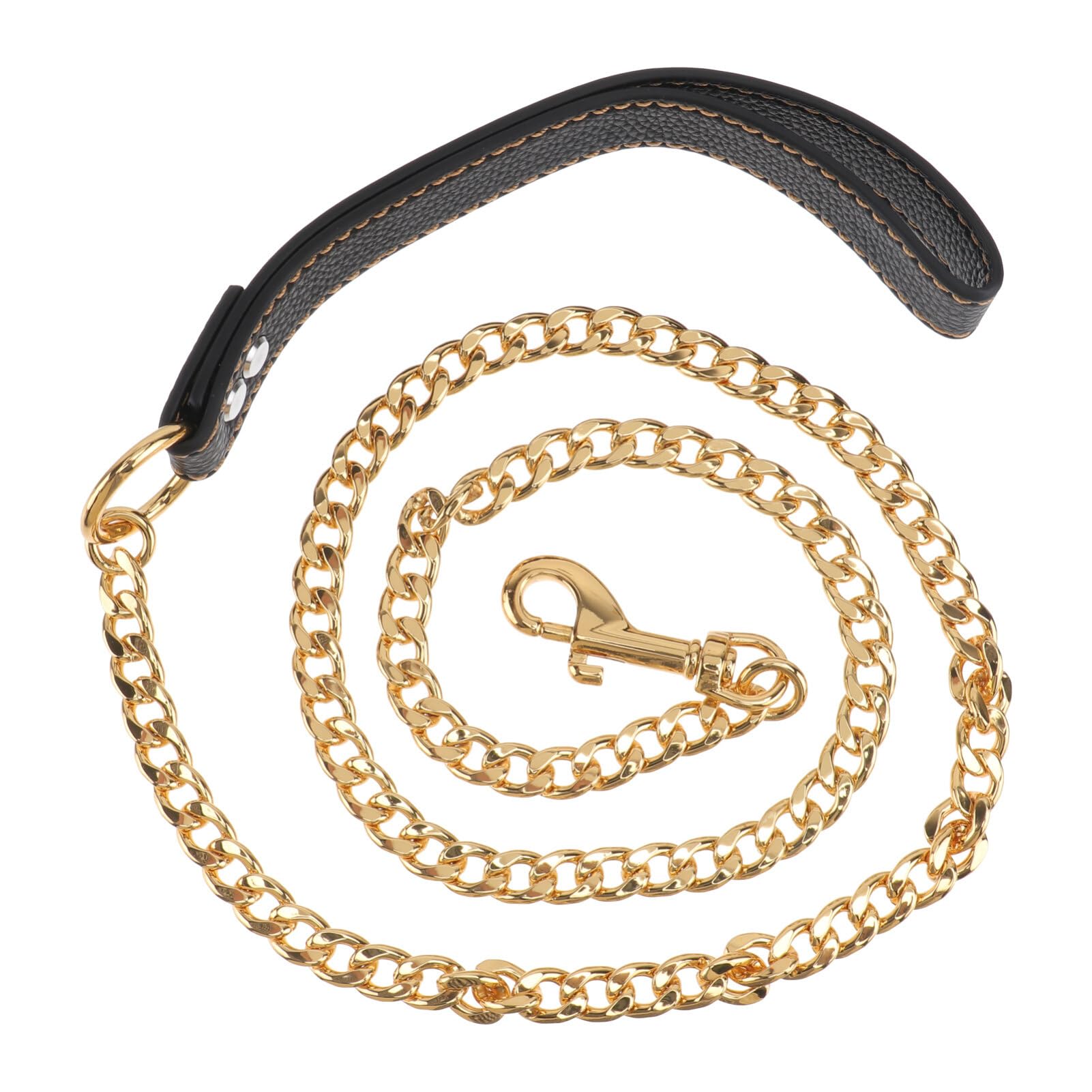 POPETPOP Dog Leash Golden Metal Long Gold Stainless Steel Chew Proof Indestructible Cool Leash Chain Link for Pet Durable with Leather Handle