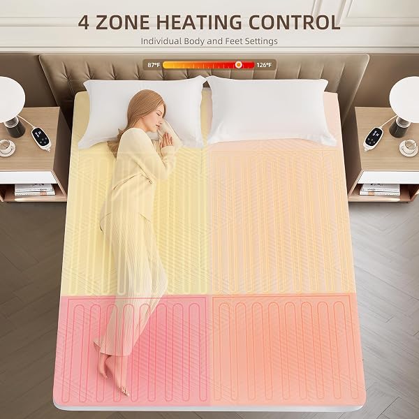 CAPERIA MULTIZONE WATERPROOF HEATED MATTRESS PAD, INDIVIDUAL BODY & FEET ELECTRIC MATTRESS BED WARMER 9 HEAT SETTINGS, 1-12 HOURS AUTO OFF, DEEP POCKET, FAST HEATING, MACHINE WASHABLE QUEEN, 60″ X 80″