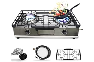 Sonret Gas Stove 2 Burner Stainless Steel Portable Gas Stove 2 Burner Camping Stove HeavyDuty Double Gas Burner Propane Countertop Stove Indian Style Gas Stove for Cooking Outdoor W/Carbon Steel Grate