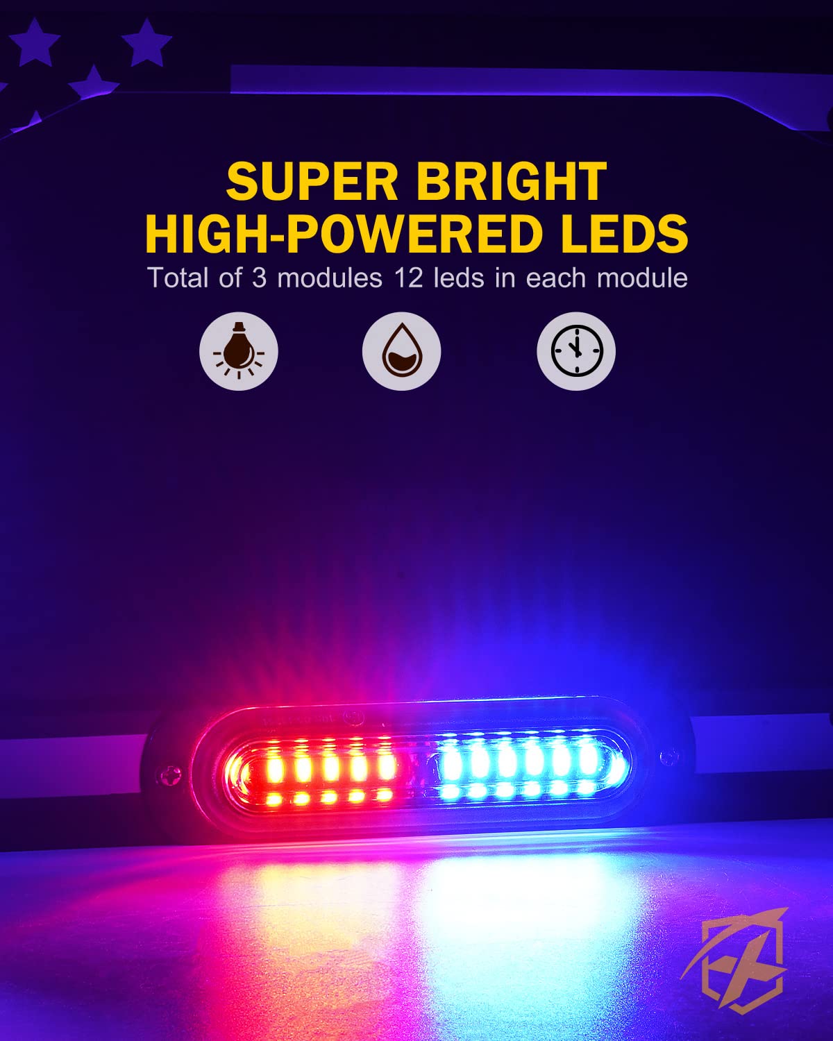 Xprite 36 LED License Plate Strobe Light, US Flag Front/Rear Police Light, 22 Flash Modes Emergency Safety Warning LED License Frame for Police Car Vehicle Truck, Red Blue (w/Pre-Installed 9FT Cable)