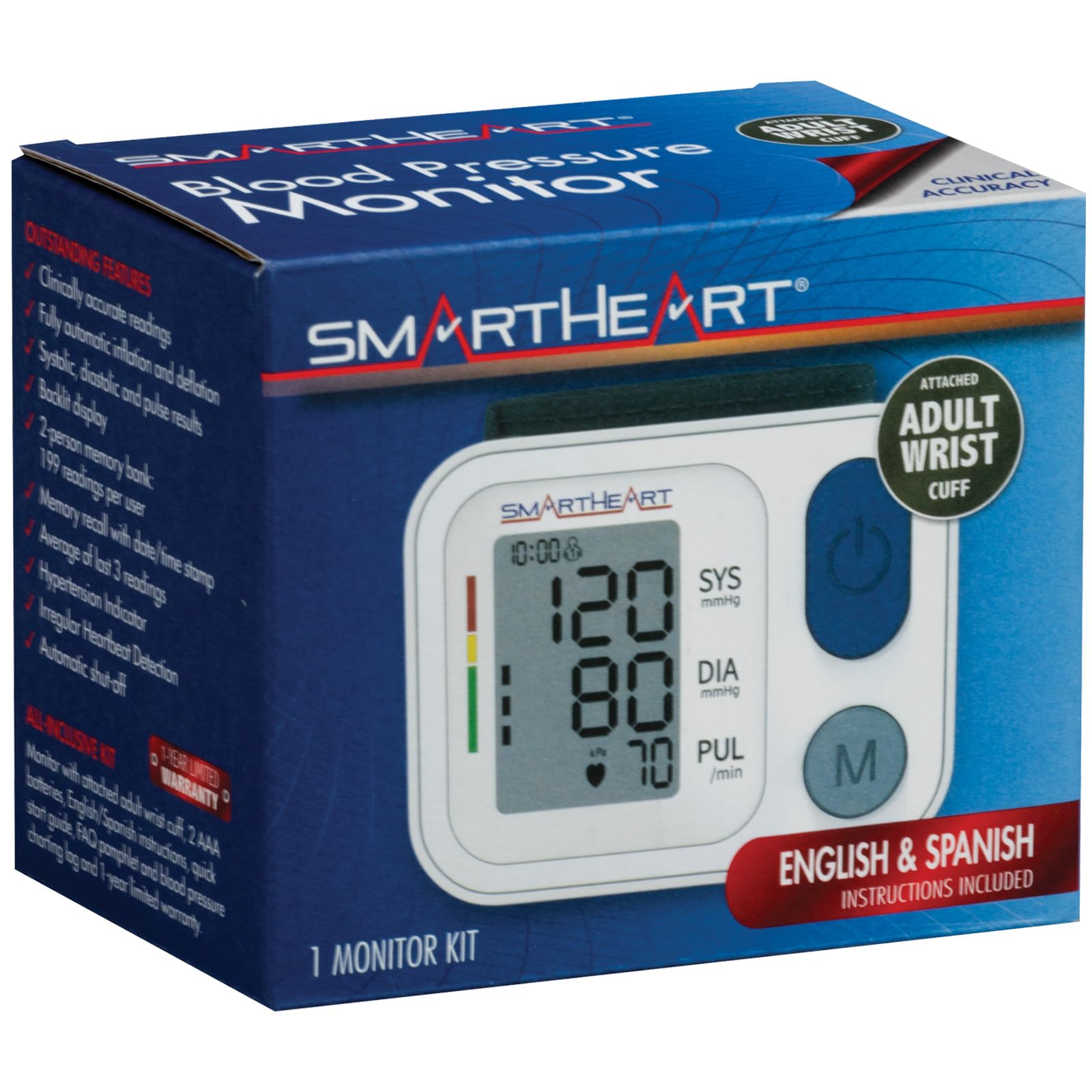 SmartHeart Blood Pressure Monitor | Adult Wrist Cuff | 2-Person Memory | 398 Total Reading Storage | Easy to Use | Automatic Inflation and Deflation