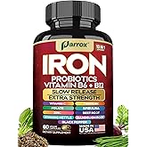 Parrox Iron Supplement with Slow Release Iron, Probiotics, Spirulina, Turmeric, Vitamin B6, B12, C, Zinc, Folate, Beetroot, Nettle Leaf, Dandelion Root, Black Pepper, Extra Strength, 60 Vegan Capsules