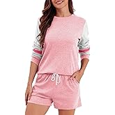 YAHESHION Womens Pajama Set Crewneck Striped Long Sleeve Tops Jogger Pockets Shorts Lounge Sleepwear Contrast Color Outfits
