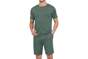 RQP Men's Pajama Set Summer Lightweight Ribbed Lounge Wear Breathable 2 Piece SleepShorts & Tee,Stretch Home Outfits for Men