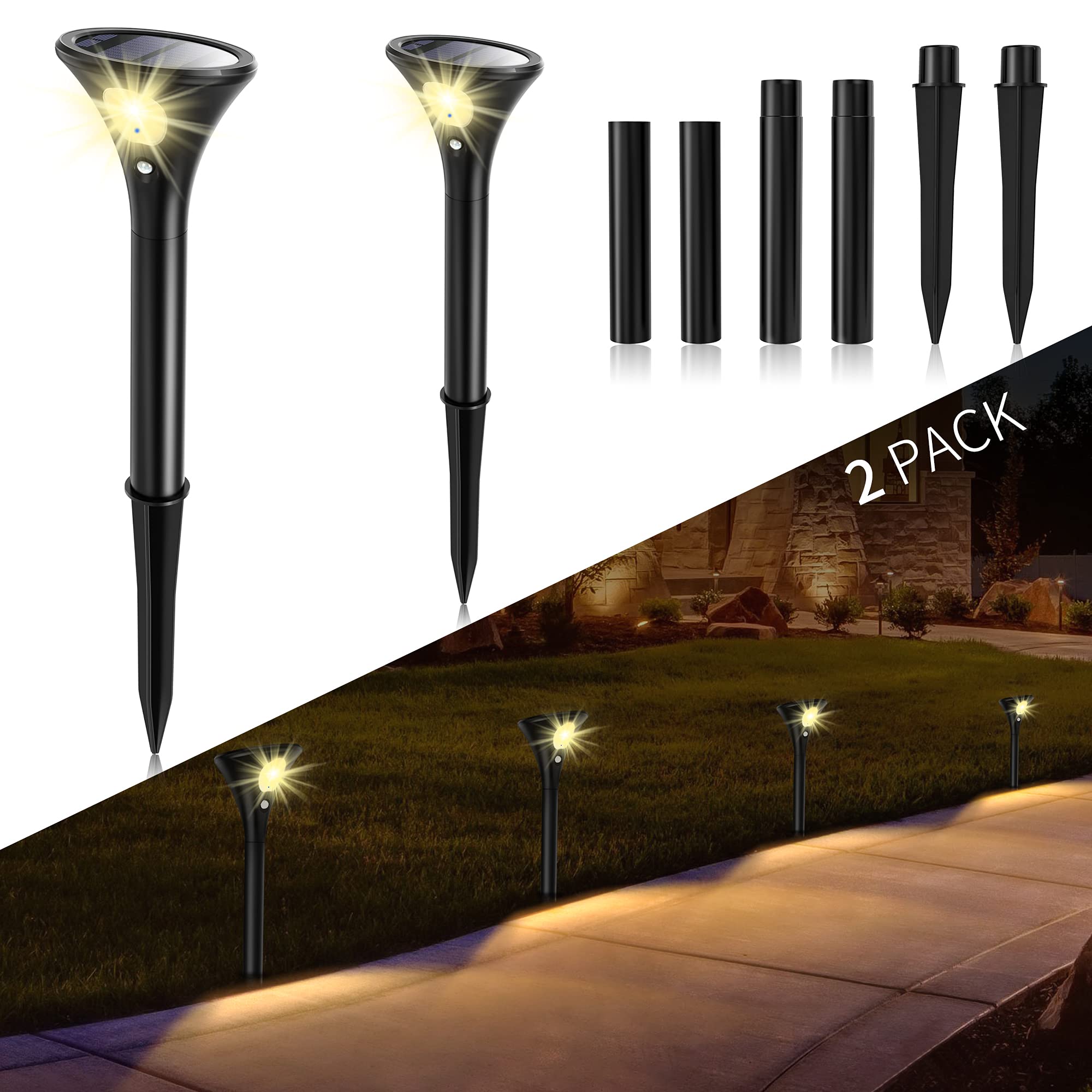 Solar Lights Outdoor Garden Stake, 2 Pack Security Light Outdoor Motion Sensor Pathway Lights Solar Powered Waterproof Landscape Spotlights Garden Lamp for Yard Lawn Porch Driveway Path Walkway