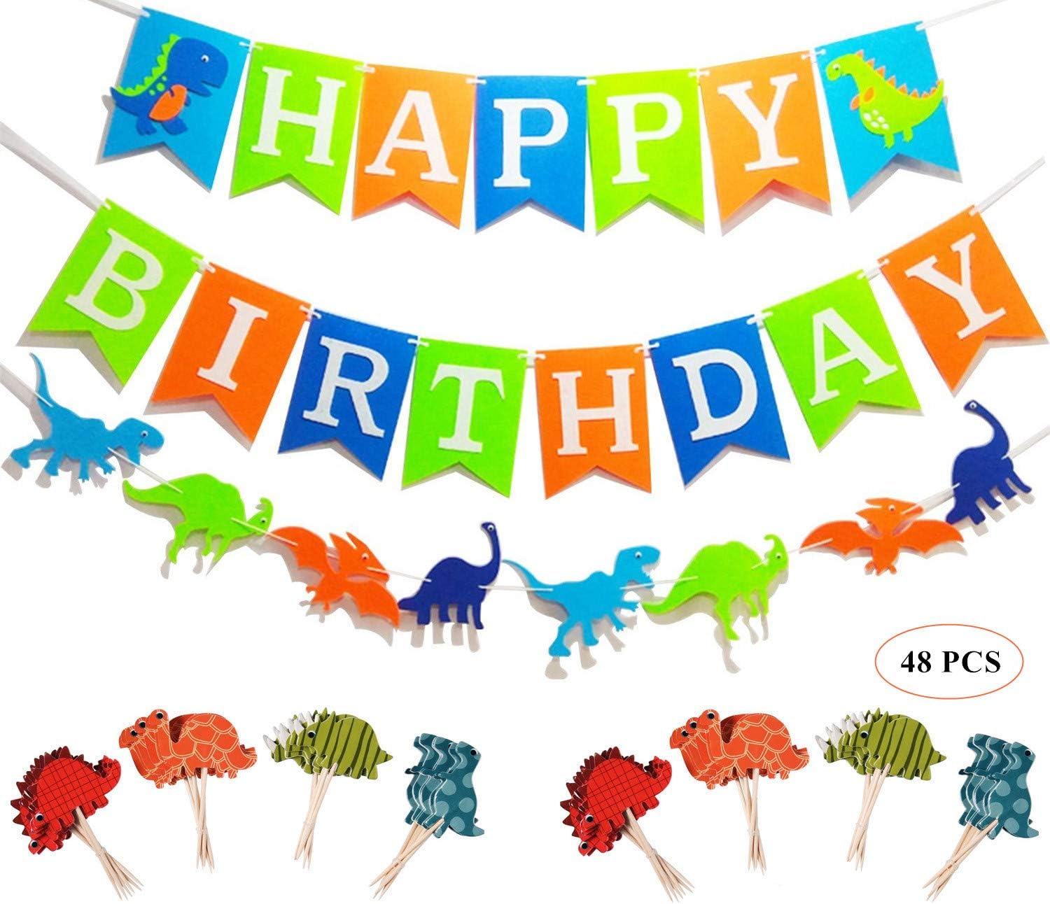 Oexper Dinosaur Happy Birthday Banner with White Letters, Dino Jungle Jurassic Garland and 48 Pieces Dinosaur Cupcake Toppers for Dinosaur Theme Boy's Birthday Décor Kids Party Supplies Decorations Party Favors