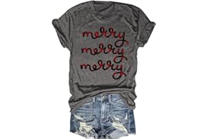Beopjesk Women's Buffalo Plaid Tees Casual Short Sleeve Merry Letter Printed Graphic Blouse Tops