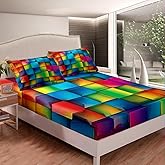 Feelyou Fitted Sheet Twin Size Kids Color Building Blocks Bedding Set for Boys Girls Teens Colorful Toy Brick Bed Sheet Set Modern Fashion Art Bed Cover Deep Pocket Room Decor