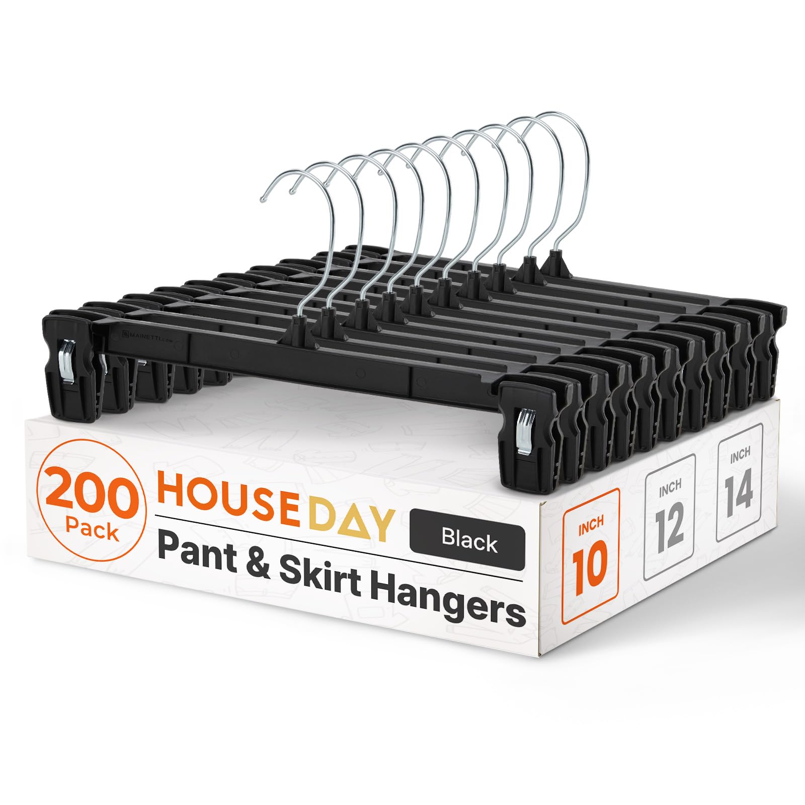 HOUSE DAY 200 Pack Pants Hangers - 10 Inch Plastic Hangers with Non Slip Clips for Skirts, Jeans, Shorts, Trousers - Space Saving Clip Hangers with 360-Degree Rotating Hook