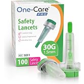 ONE-CARE PRO Safety Lancets, 30G, Push-Button Activated, Sterile, 100 Count | Comfortable Testing, Preloaded &amp; Ready-to-Use, Convenient T-Shape Housing, Easy-Twist Safety Cap