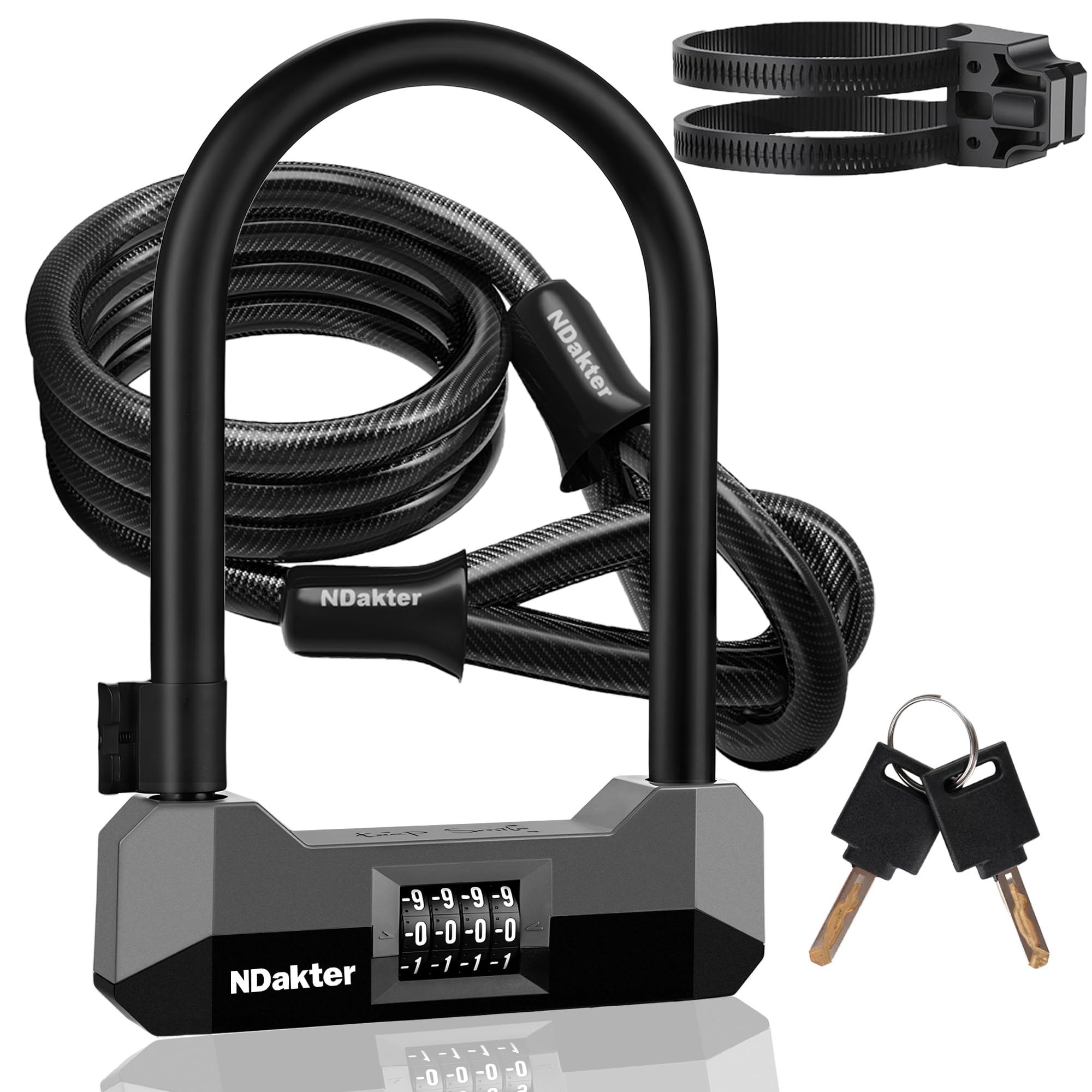 Photo 1 of NDakter Bike Locks Heavy Duty Anti Theft?18mm Bicycle Combo U Lock with 5FT Cable, 4-Digit Resettable Combination Electric Scooter Lock with 2Keys and Bracket for Tricycle, Moped, Motorcycle(Gray)