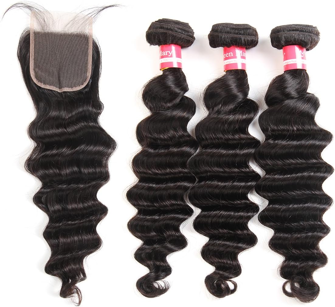 Brazilian Loose Deep Wave Hair 3 Bundles with Lace Closure Queen Mary Deep Wave Curly Virgin Human Hair Extensions Natural Black Color (12 14 16+12 inch)