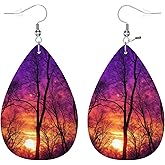Zokola Wood Trees Teardrop Earrings, Colorful Forest Sunset Dusk Foliage Cloud Nature Double-Sided Dangle Earring For Women Friends, Lightweight Faux Leather Earrings