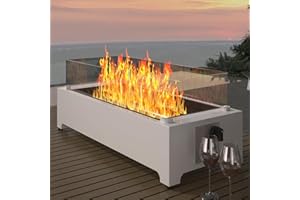 MELLCOM Tabletop Propane Fire Pit - 28 in, 40,000 BTU Rectangle Propane Fire Pit, Bowl w/Wind Glass Shield & Crystal Stone - Silver, Suitable for Outdoor, Patio, Balcony
