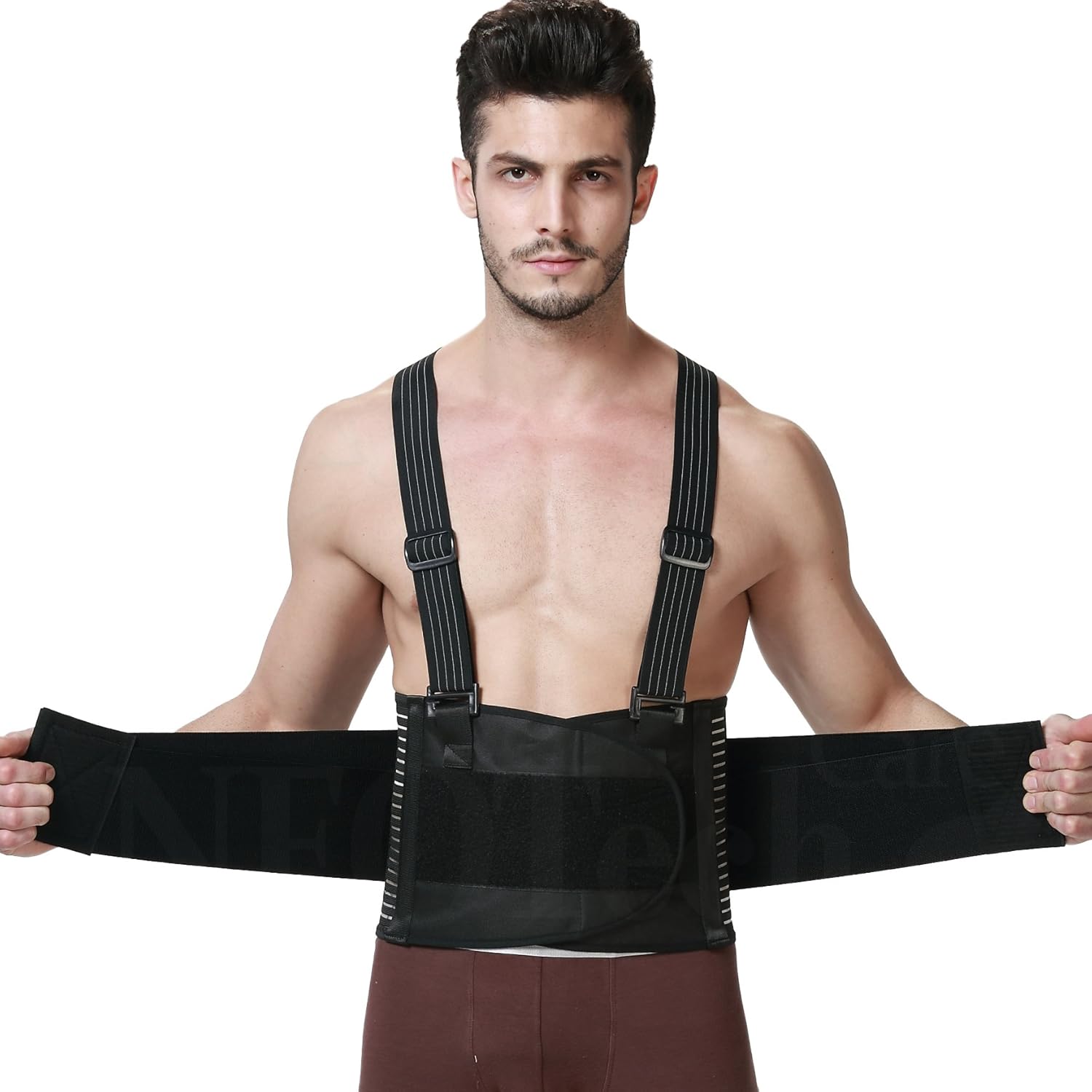 NeoTech Care Adjustable Back Brace Lumbar Support Belt with Suspenders, Black, Size L: Health & Personal Care
