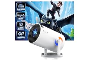 Smart Mini Projector WiFi6 Bluetooth 5.0 XGODY Gimbal 3 Protable Projector 12000L Support 4K with Android TV 11.0, Auto Keystone Correction Video Projector, 180°Rotatable Stand for Home Movie（White）