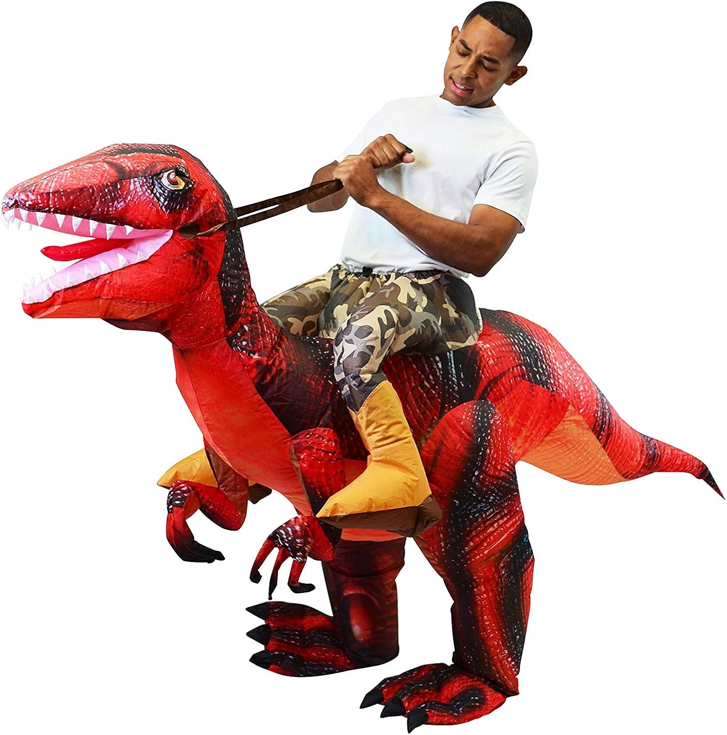 Spooktacular Creations Inflatable Raptor Riding a Raptor Dinosaur Deluxe Costume with Light-up LED Eyes- Adult (Red): Toys & Games