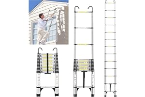 JADDUO 14.5FT Telescopic Ladder, Aluminium Silver Telescoping Ladder with Non-Slip Feet and Stable Hook, Portable Extension Ladder for Household and Outdoor Working, Heavy Duty 330lbs Max Capacity