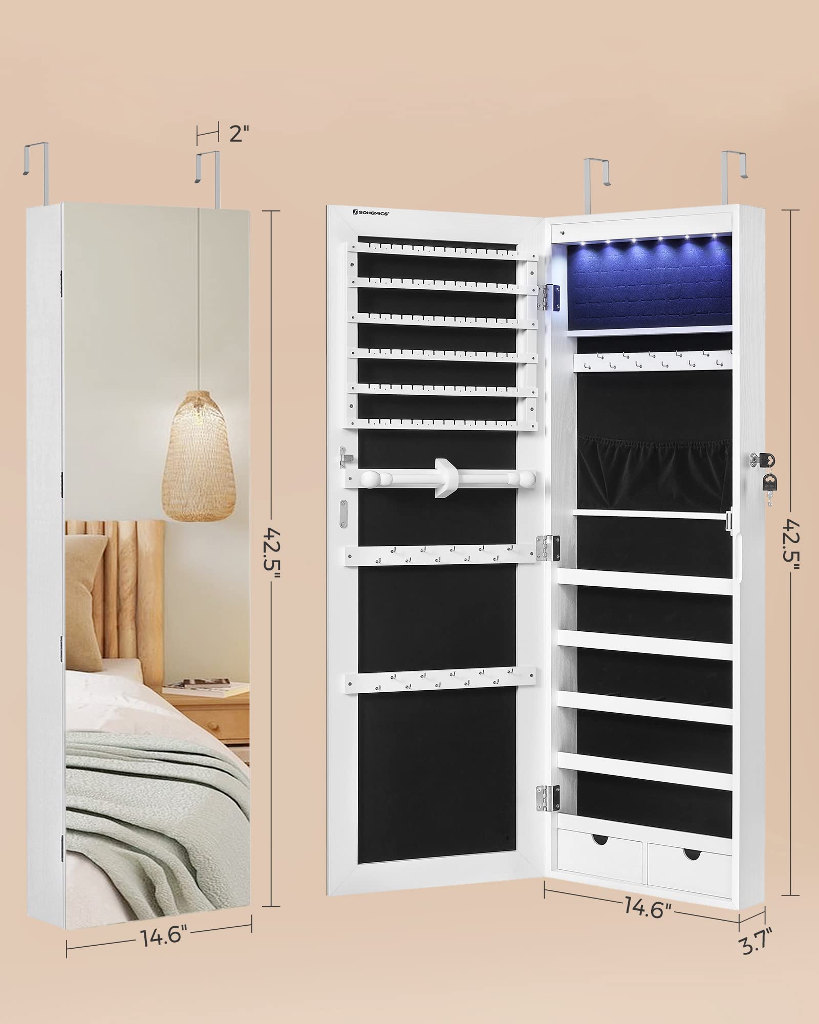 SONGMICS SONGMICS Hanging Jewelry Cabinet, Wall-Mounted Cabinet with LED Interior Lights, Door-Mounted Jewelry Organizer, Full-Length Mirror, Gift Idea, White UJJC99WT