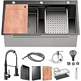 30 x 18 inch Kitchen Sink, Single Bowl Stainless Steel Gunmetal Black Topmount Multifunctional Drop In Sink with Pull-Down Fa