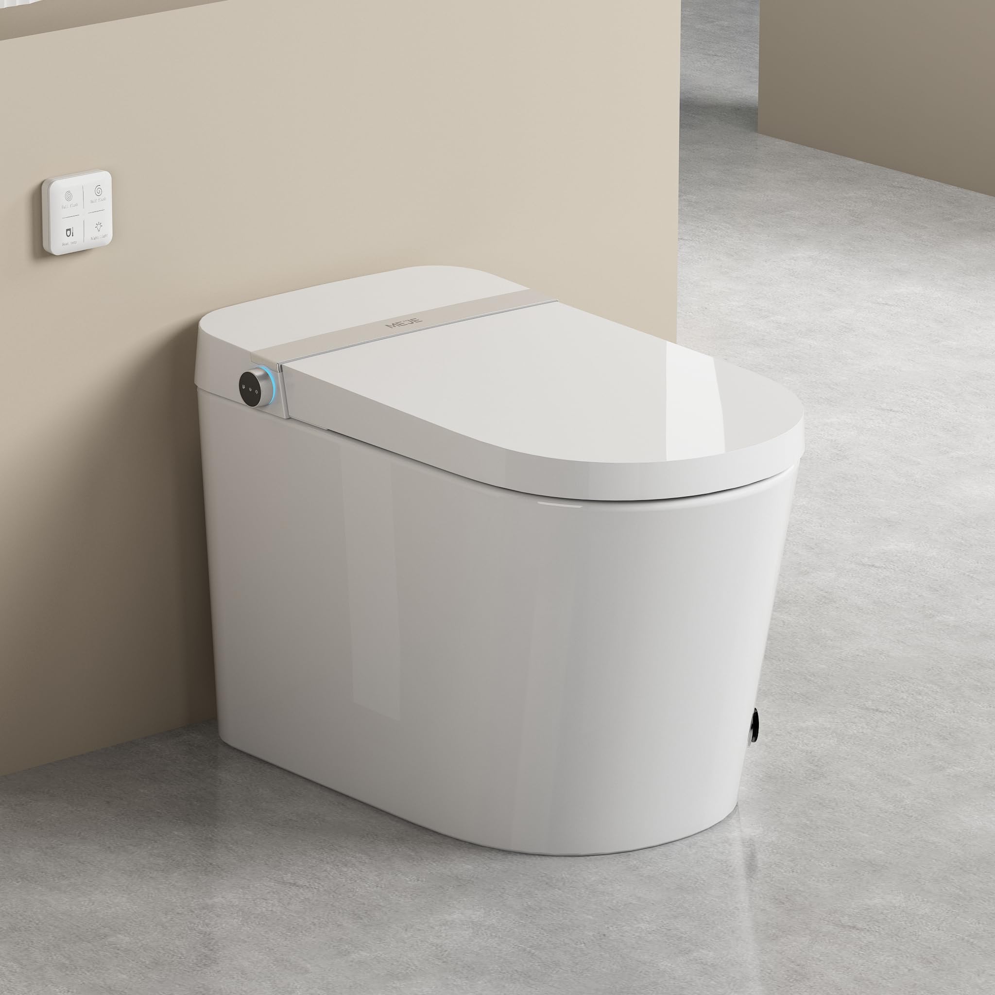 Photo 1 of ** DEMAGE MINOR/ USED/ UNTESTED *** MEJE #A5 - Basic Smart Function Toilet with Built-in Heated Seat, Elongated Tankless Toilet with Auto Flushing, Foot Kick Flushing, Adjustable Seat Temperature, Flush Remote Control, Night Light