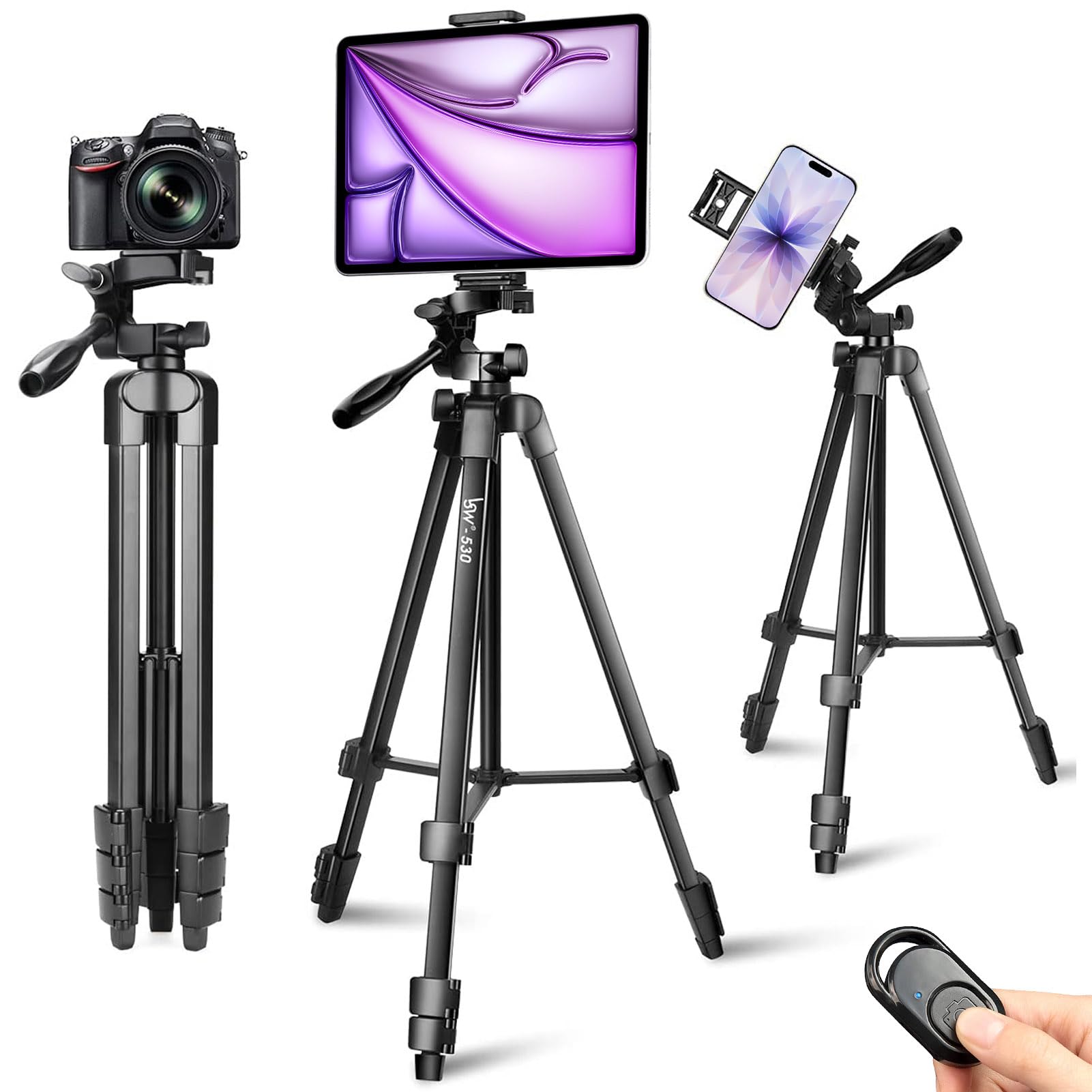 Lusweimi 60" Tripod for iPad & iPhone, Phone Stand With 2 in 1 Holder for Smart Phone/Tablet/Webcam/GoPro/Camera, Compatible Tripid with Carry Bag and Wireless Remote for Tiktok/Instagram