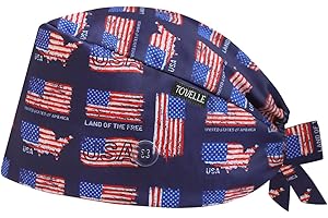 TOVELLE Patriotic American Flag Printed Scrub Caps for Men and Women with Buttons, Adjustable Static-Resistant Medical Hats, Classic and Breathable Surgical Caps with Sweatband for Long Hours