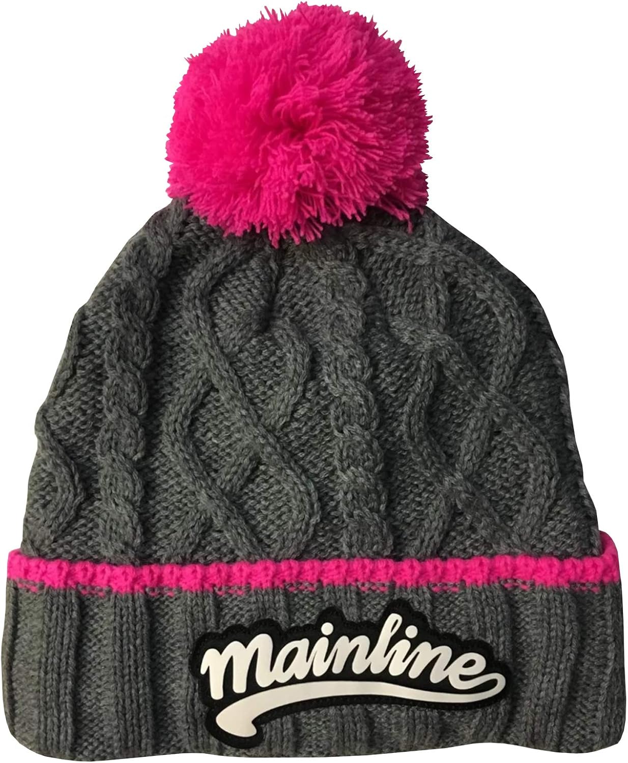 grey and pink bobble hat