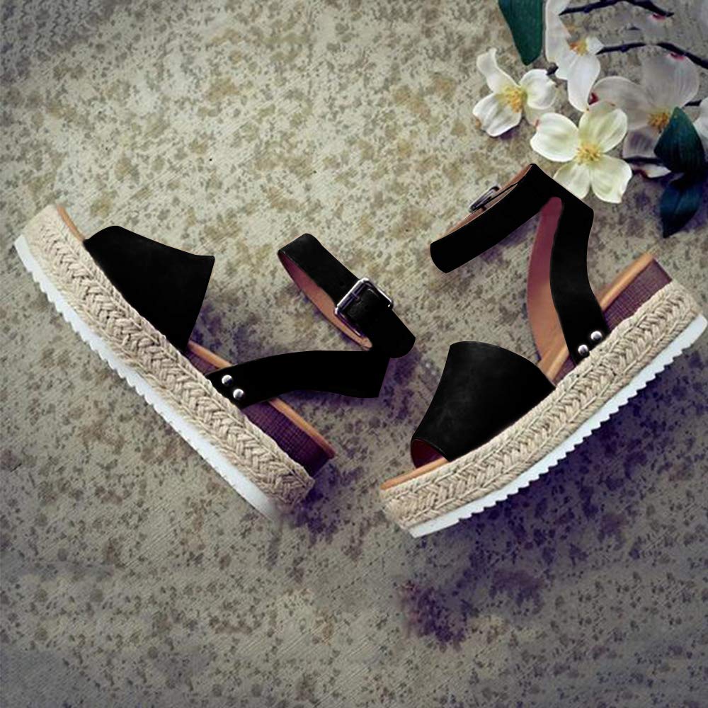 FIRENGOLI Women\'s Platform Sandals Espadrille Wedge Ankle Strap Studded Open Toe Sandals Black