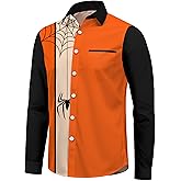 ELDPS Halloween Shirts for Men: Funny Pumpkins Skull Print Tee Shirt Hawaiian Button Up Long Sleeve Tops