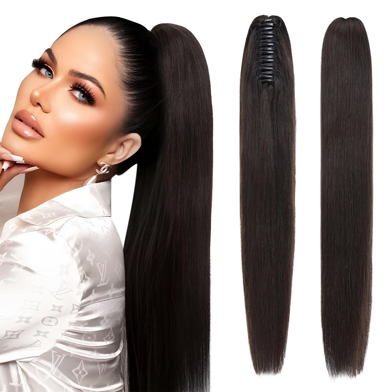 Elailite Human Hair Ponytail Extension Real Hair Claw on Natural HairPiece Straight (#1B Natural Black, 16 Inch) — image 1