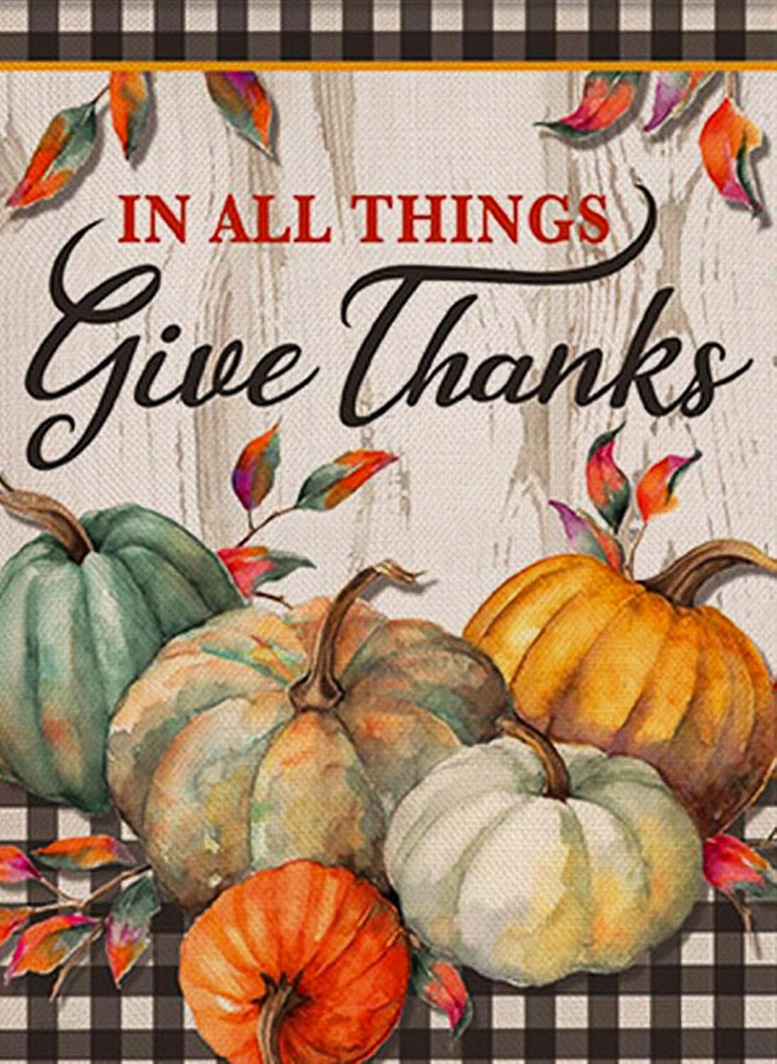Covido Home Decorative Thanksgiving Garden Flag in All Things Give Thanks, Fall House Yard Buffalo Plaid Check Pumpkin Decor Sign, Autumn Farmhouse Outside Decoration Seasonal Outdoor Small Flag 12x18