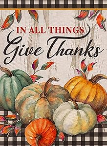 Covido Home Decorative Thanksgiving Garden Flag in All Things Give Thanks, Fall House Yard Buffalo Plaid Check Pumpkin Decor Sign, Autumn Farmhouse Outside Decoration Seasonal Outdoor Small Flag 12x18