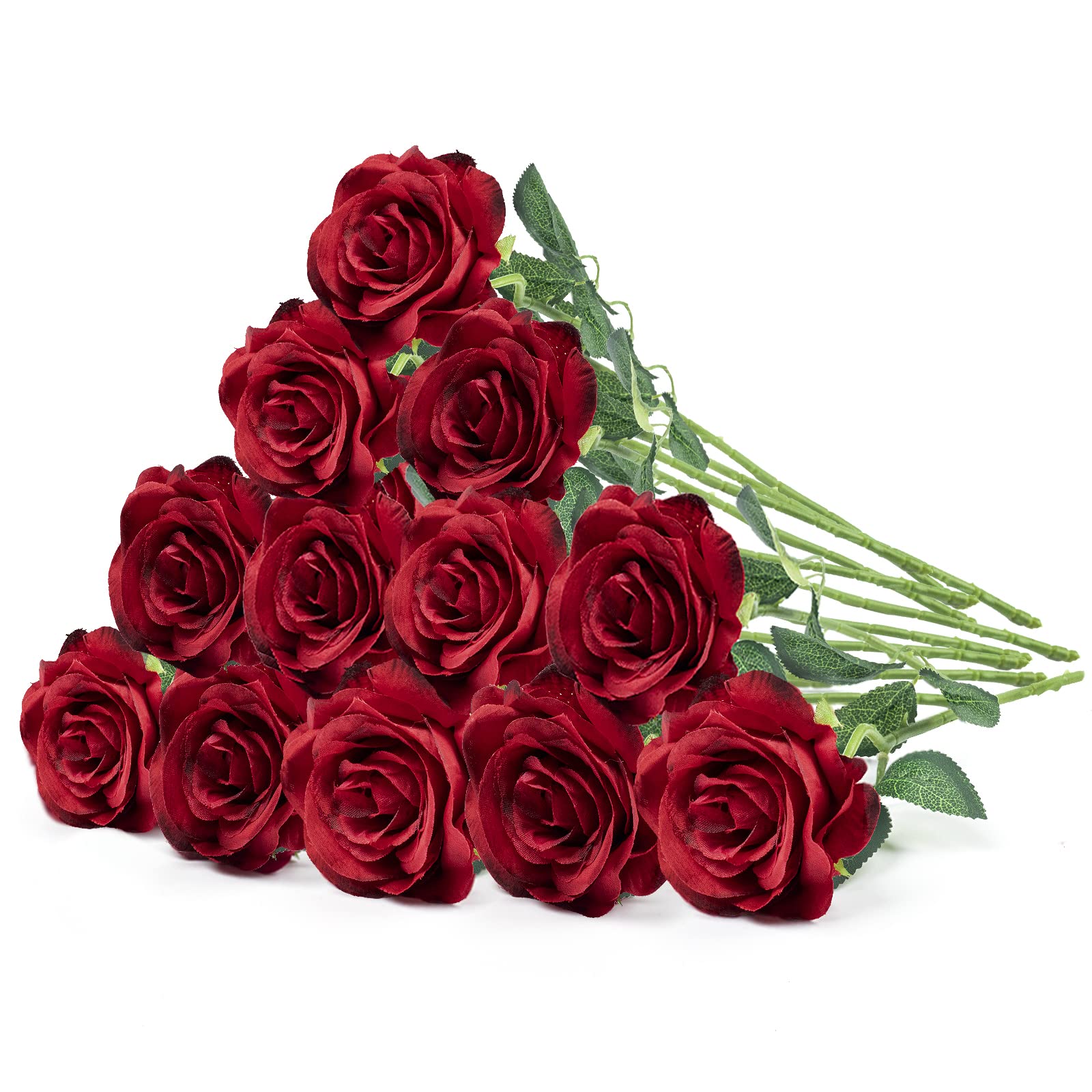 Mocoosy 12PCS Burgundy Roses Artificial Flowers, Silk Red Roses Fake Rose for Decoration,Artificial Rose with Long Stem Flower for Wedding Bouquet Centerpiece Flower Arrangement Party Home Table Decor