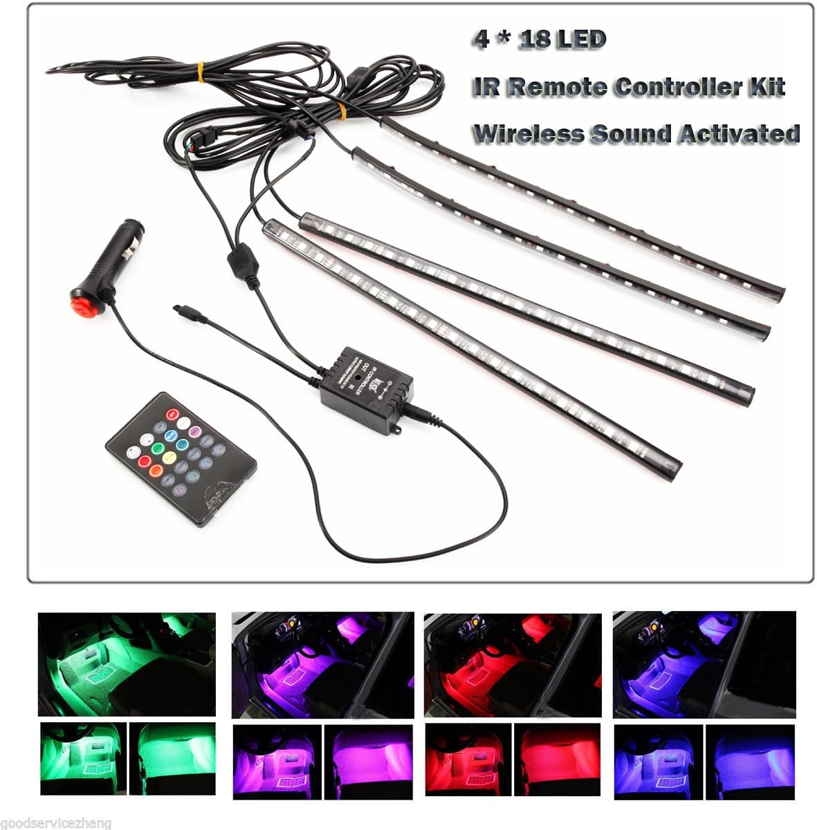 Car Interior Atmosphere Lights, Ksleder 4x 30cm 18 SMD DC 12V LED RGB Car Strip Light Floor Decoration Lighting Under Dash Lamp for Car (20 Key Remote Control)