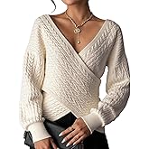 BEYINCUTE Women’s Trendy Wrap Sweaters Fall Winter Elegant V Neck Long Sleeve Off Shoulder Jumper Top Knitted Cropped Sweater