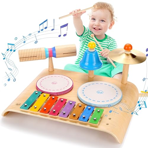 Kids Drum Set,Toddler Drum with Xylophone,8 in Wooden Baby