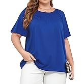 FOREYOND Plus Size Tops for Women Short Sleeve Ruffle Shirts Crewneck Blouses Dressy Casual Pleated Fashion Tunic Top Blue 3XL